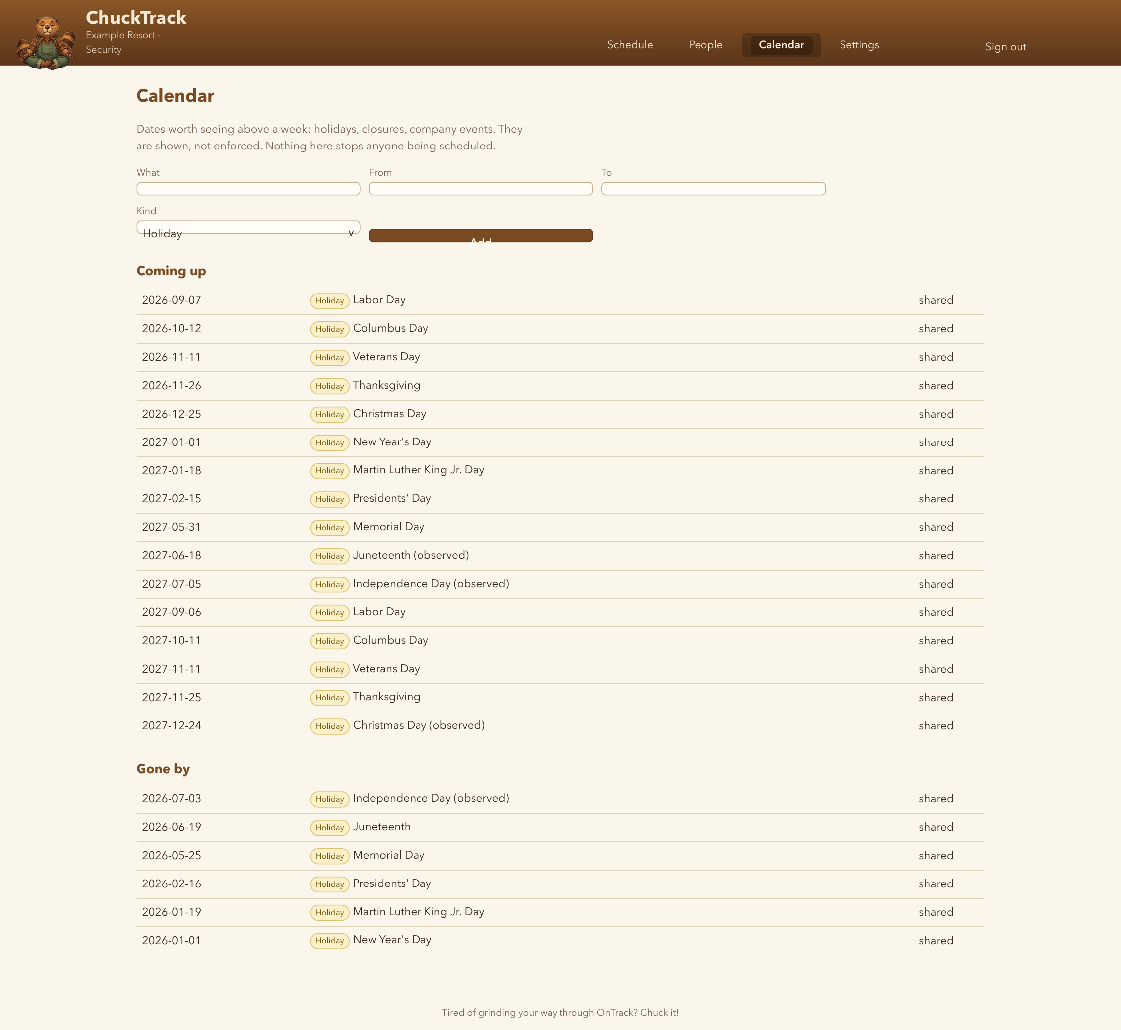 The Calendar page, listing upcoming and past holidays and events