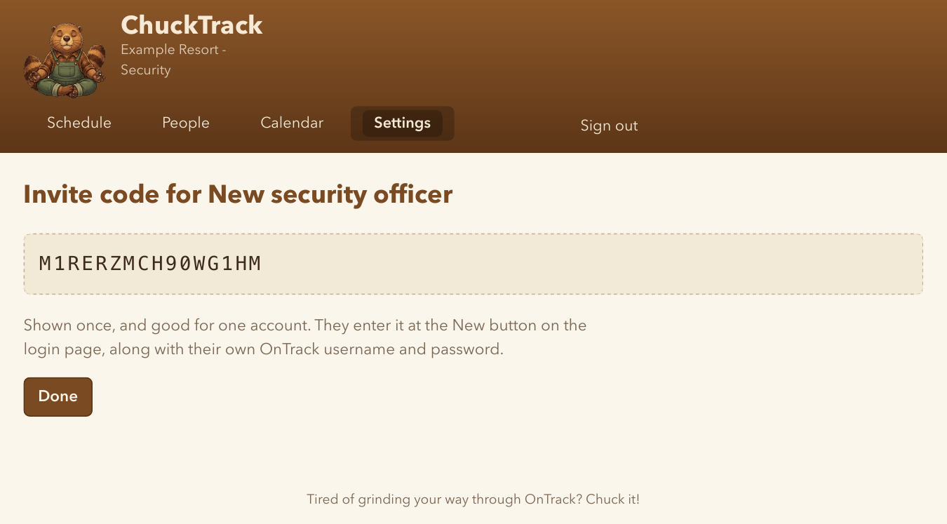 The one-time invite code reveal page after minting an invite