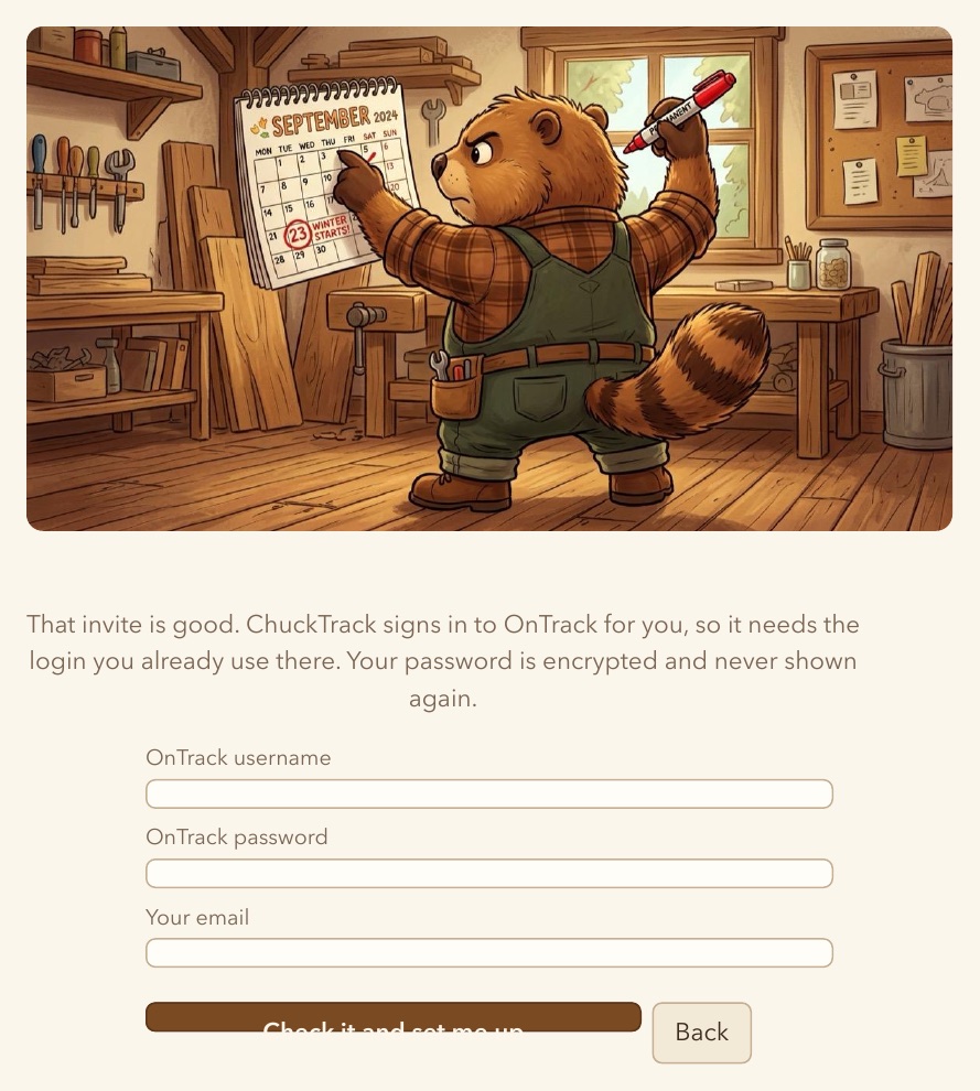 The account creation page, asking for an OnTrack username and password