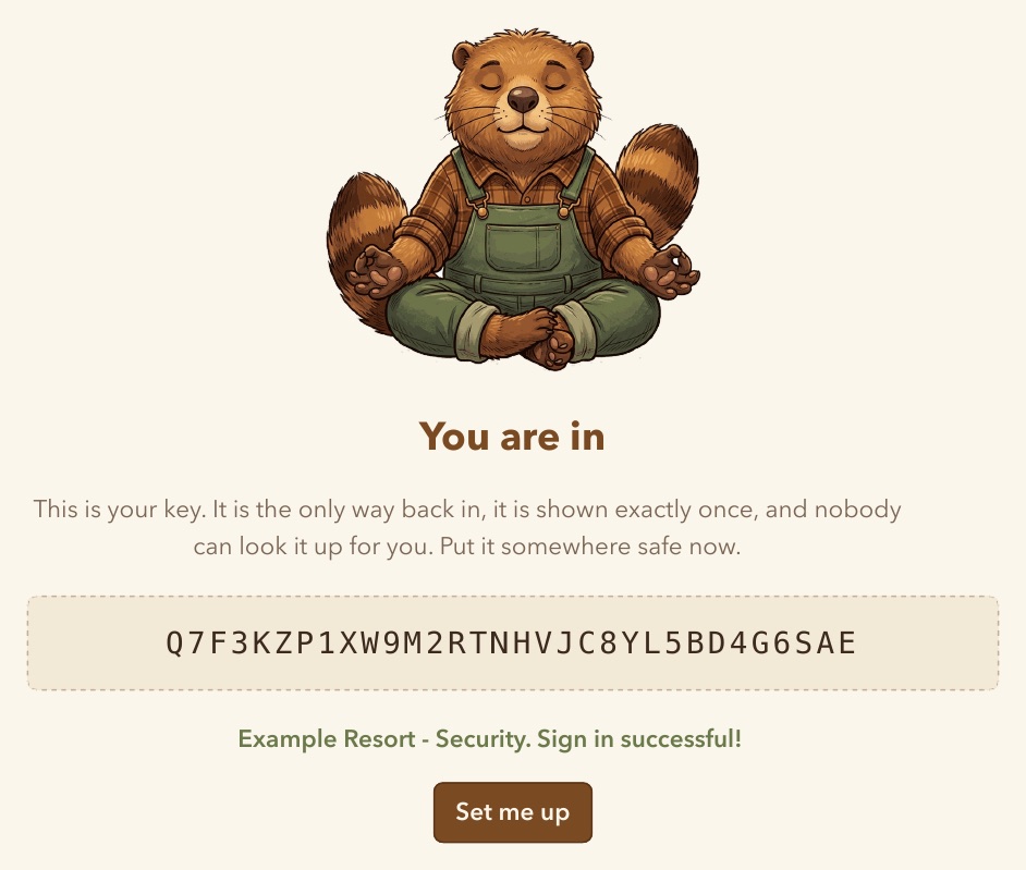 The one-time key reveal page after creating an account