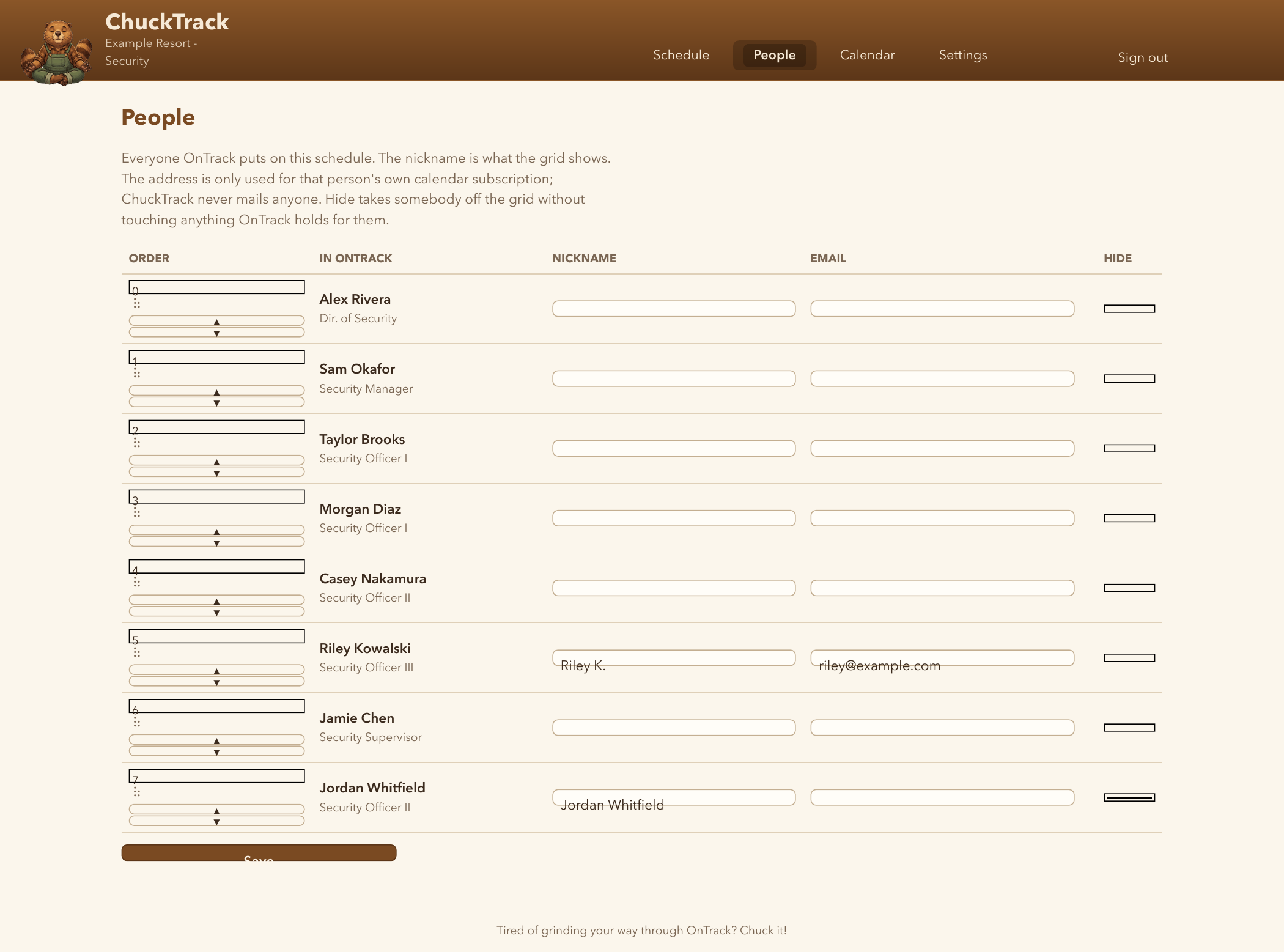 The People page, listing everyone with their order, nickname, email and hide checkbox
