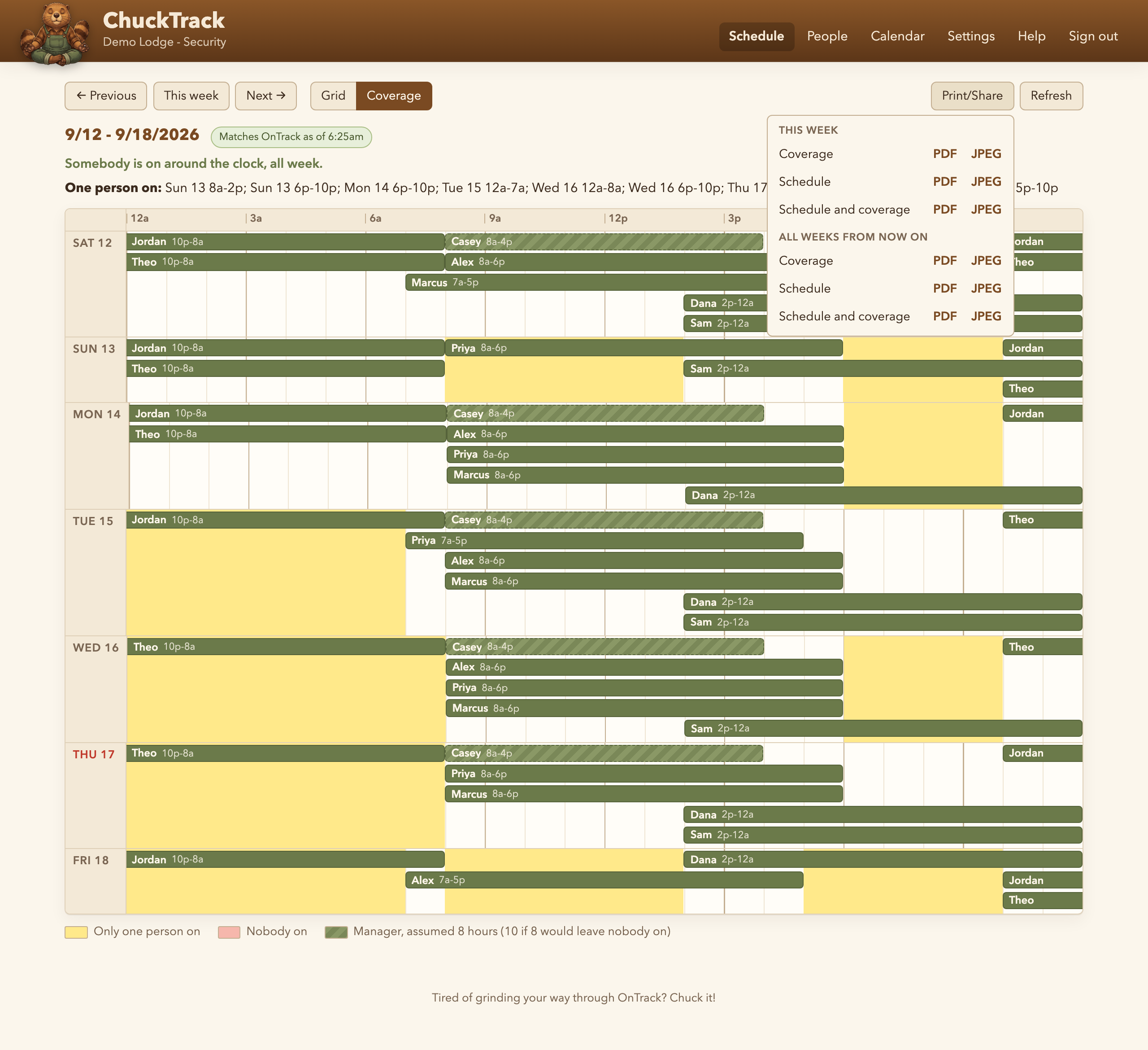 The Print/Share menu open over the coverage view, listing PDF and JPEG downloads