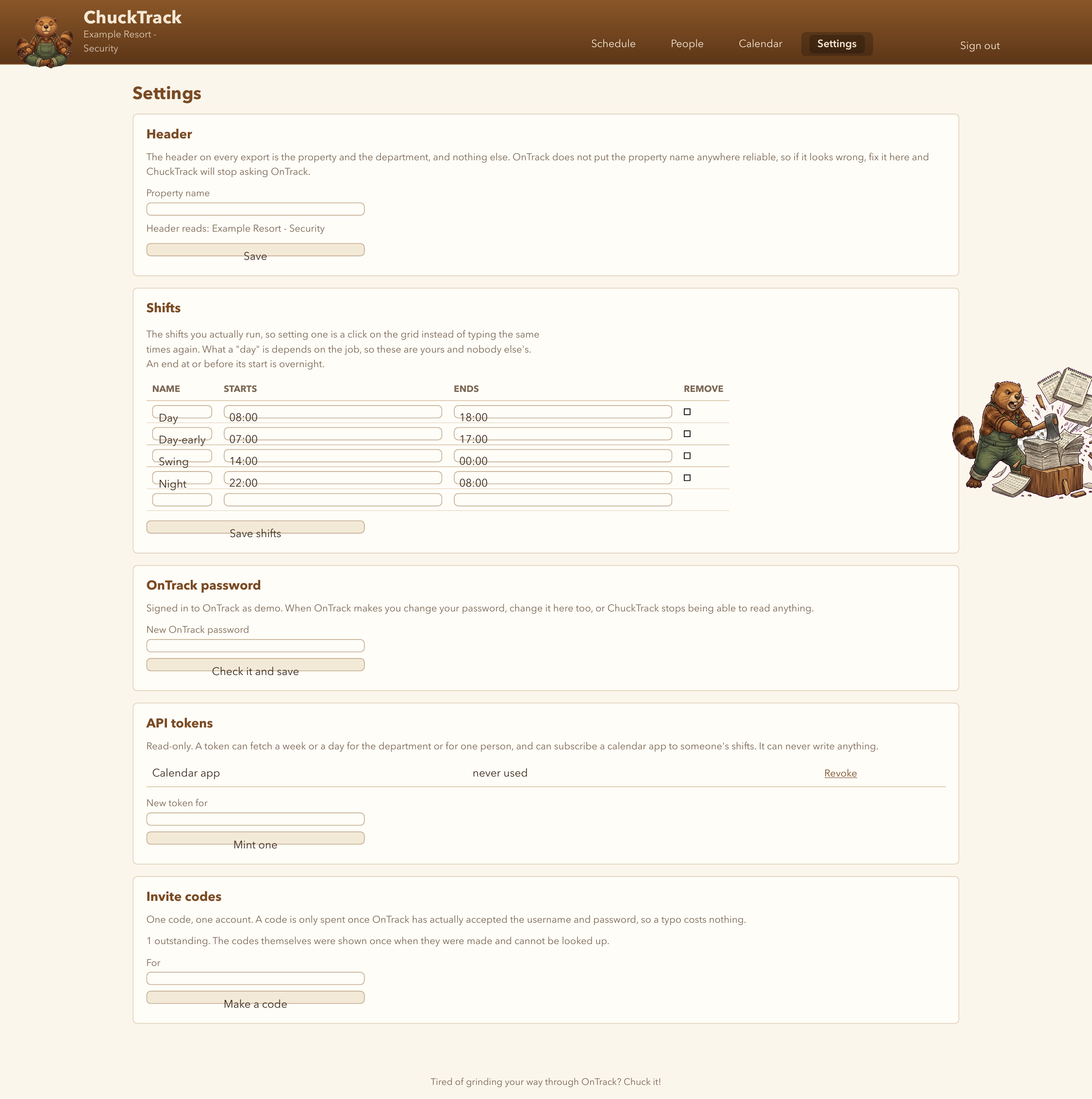 The Settings page, showing the header, shifts, password, API tokens and invite code panels